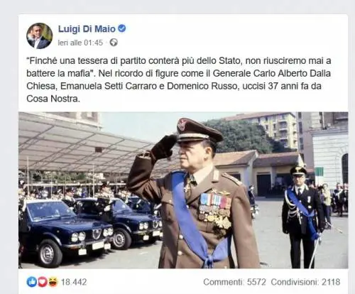 Di Maio cita Dalla Chiesa, il web insorge: "Stai svendendo l'Italia"