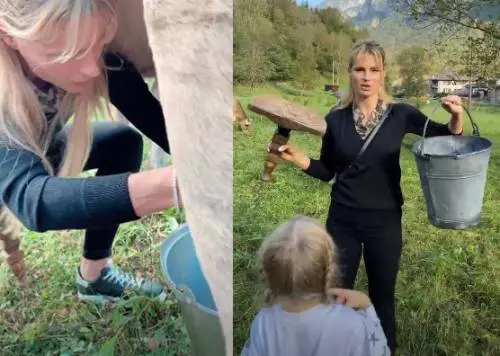Michelle Hunziker a lezione di mungitura:  "Povera svizzera, mi devo allenare"