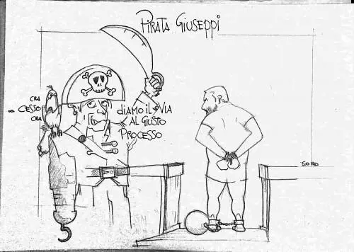 La vignetta del giorno: pirata Giuseppi e il processo al Capitano Salvini