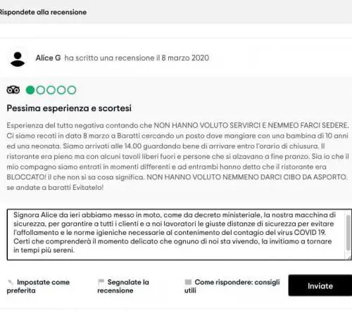 Non trova posto al ristorante (per i limiti imposti dal coronavirus) e lascia un commento negativo su Tripadvisor
