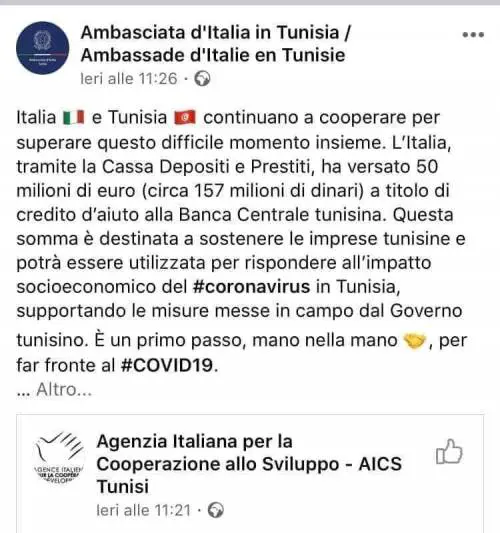 L'Italia dona 50 milioni alla Tunisia: ma il post viene rimosso