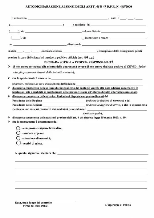 Ecco la nuova autocertificazione per gli spostamenti