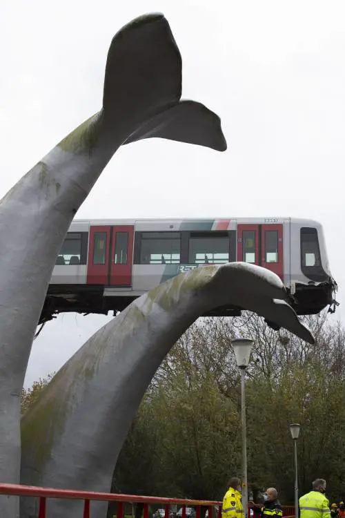 La statua di una balena salva una metro dal precipizio