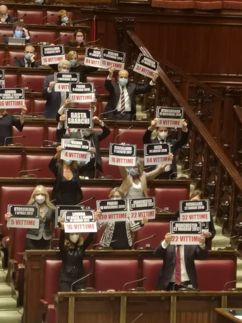 "Basta con gli sbarchi": i cartelli Fdi alla Camera per ricordare attentati