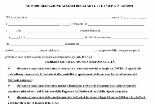 È ritornata l'autocertificazione. Clicca qui e scarica il modulo