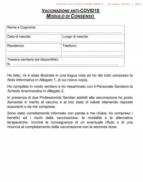 Ecco il modulo da compilare per ricevere il vaccino anti-Covid