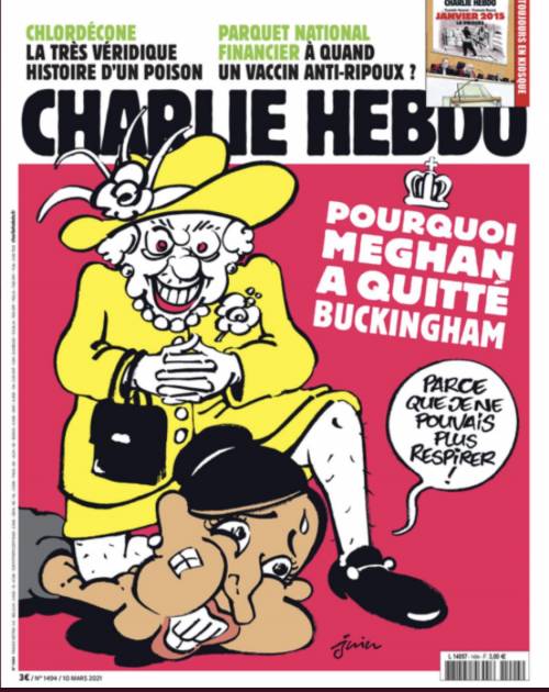 Altra vignetta choc di Charlie: Meghan soffocata dalla Regina