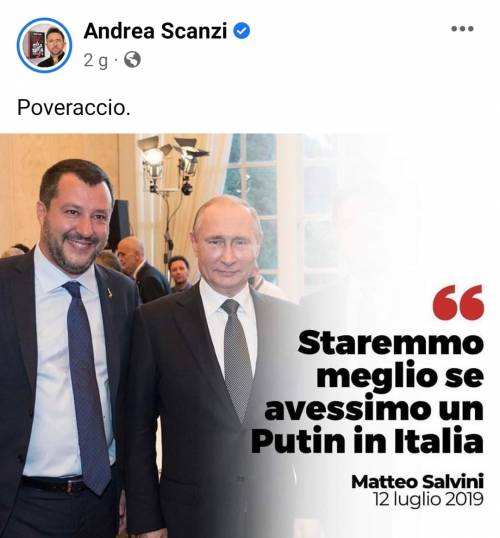 Scanzi contro Salvini per la foto con Putin, ma "taglia" Conte e Di Maio