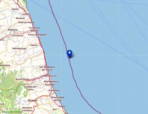 L'epicentro della scossa di terremoto in mare tra le Marche e l'Abruzzo