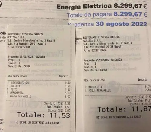 Sovrapprezzo per luce e gas nello scontrino: la provocazione del titolare di una pizzeria