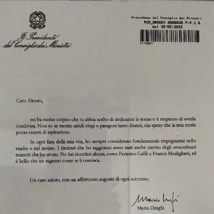 Draghi scrive allo studente che ha fatto una tesina sulla sua vita