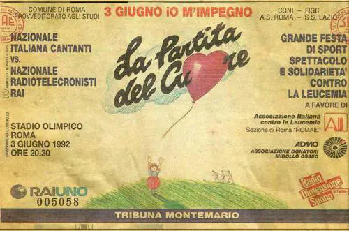 Il biglietto della prima Partita del Cuore allo Stadio Olimpico di Roma nel 1992