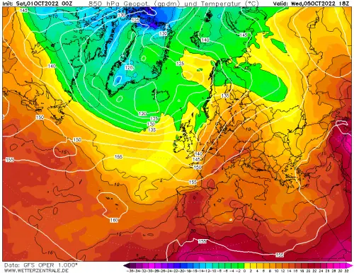 alta pressione, carta meteo per mercoledì 5 ottobre. Fonte wetterzentrale.de