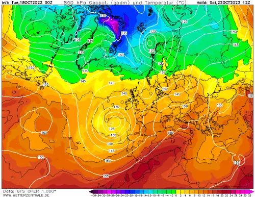 carta meteo per sabato 22 ottobre ore 12. Fonte wetterzentrale.de