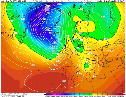 mappa meteo prevista per la mezzanotte di sabato 5 novembre