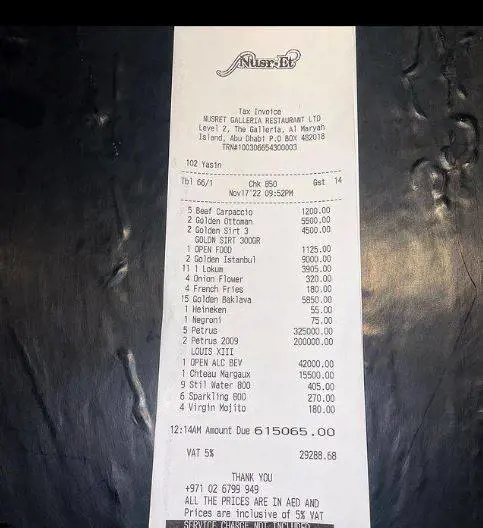 161mila euro per una cena: l'incredibile scontrino da Salt Bae