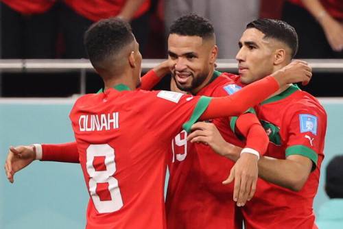 Giocatori del Marocco in festa dopo un gol 