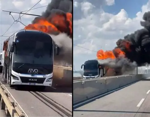 Fiamme e paura a bordo: bus per Venezia prende fuoco sul ponte della Libertà