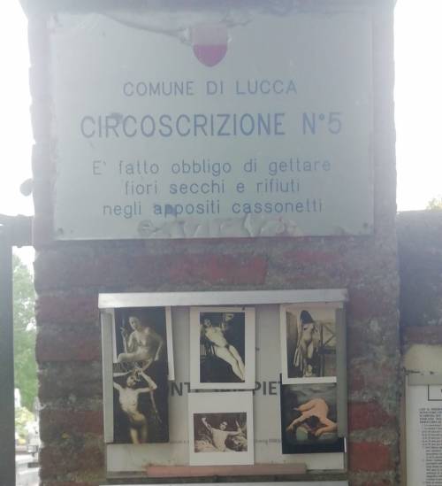 Alcune delle fotografie di nudo affisse al cimitero per omaggiare Giacomo Verde