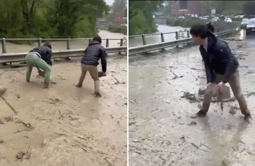 Straripa il fiume Idice: il viceministro Bignami sul posto aiuta a liberare la strada dai detriti