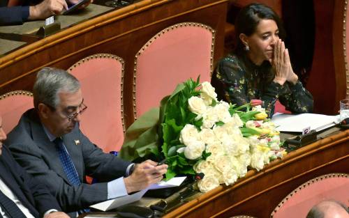 I fiori in Senato sullo scranno di Berlusconi