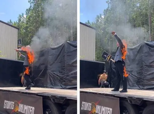 Hollywood, la protesta della controfigura di Harrison Ford: si dà fuoco sul palco