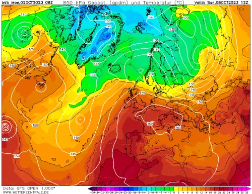 temperatura a 1.500 metri domenica 8 ottobre, ore 12. Fonte wetterzentrale