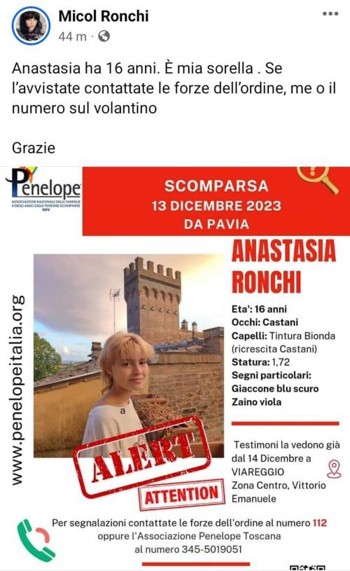 Avvistata Anastasia Ronchi, la 16enne scomparsa a Pavia: ecco dove è stata vista