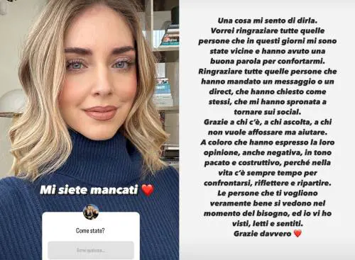 Chiara Ferragni torna sul web con un messaggio di ringraziamento. Ma i dettagli del "rilancio" non sfuggono