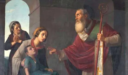 Dipinto che rappresenta il miracolo di San Biagio che salva un ragazzo dal soffocamento dovuto ad una lisca di pesce incastrata in gola
