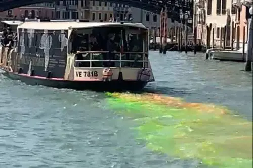 Venezia, blitz degli eco-attivisti sul Canal Grande: l'acqua diventa verde