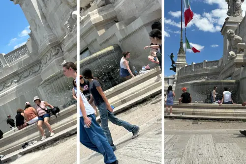 Altare della Patria, solito degrado a Roma: coi piedi a mollo nella fontana