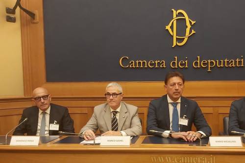 Conferenza stampa alla Camera dei deputati: da sinistra Domenico Posca, Marco Cuchel, Mario Michelino