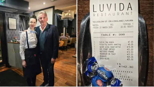 Il ceo di Ryanair Michael O'Leary insieme ad una cameriera durante la cena. A destra il conto con gli "extra" aggiunti. Foto Instagram  (@luvidarestaurant)