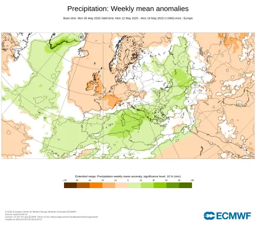 Anomalia di precipitazioni tra il 12 e 19 maggio. Fonte ECMWF