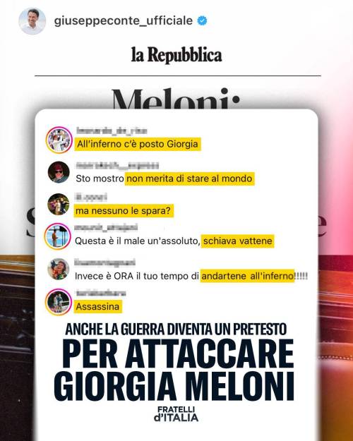 "Sparatele". "Vai all'inferno". Minacce e insulti choc contro Meloni: l'odio sotto il post di Conte