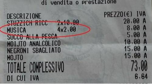 Scontrino choc in un locale di Ostuni: due euro in più a testa per la musica