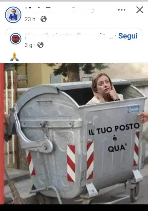 "Il tuo posto è qua". Il fotomontaggio della vergogna del M5s contro Meloni