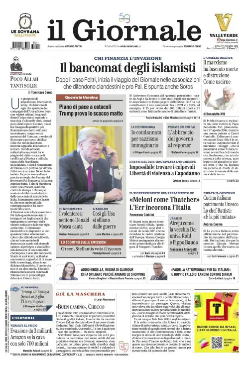 La prima pagina del Giornale: il bancomat degli islamisti, la mossa di Trump e Meloni come Thatcher
