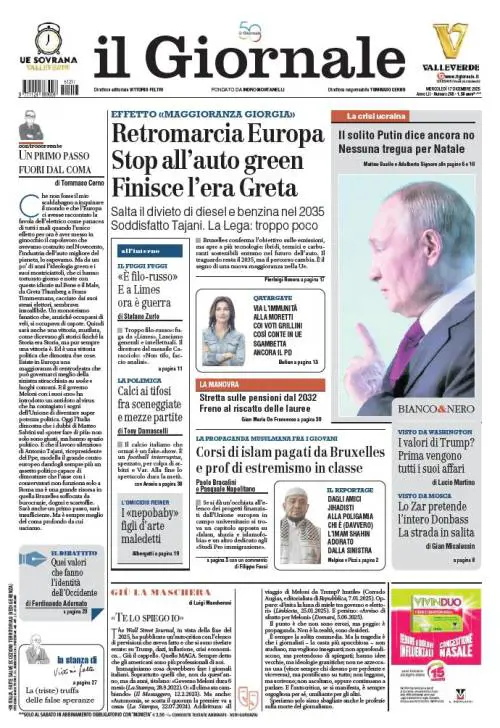 La prima pagina del Giornale: finisce l'era Greta, la maggioranza Giorgia e il reportage da Torino