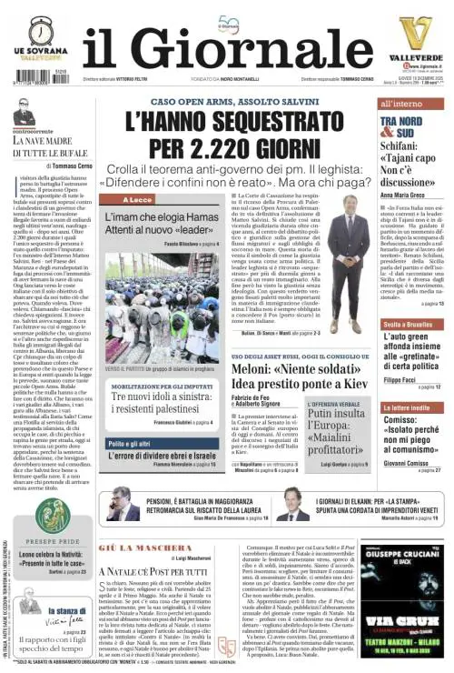 La prima pagina del Giornale: Matteo Salvini assolto, Giorgia Meloni in Aula