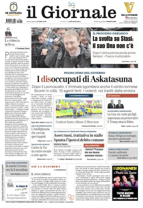 La prima pagina del Giornale: scontri a Torino per lo sgombero di Askatasuna, svolta sul caso di Garlasco e disordini a Bruxelles