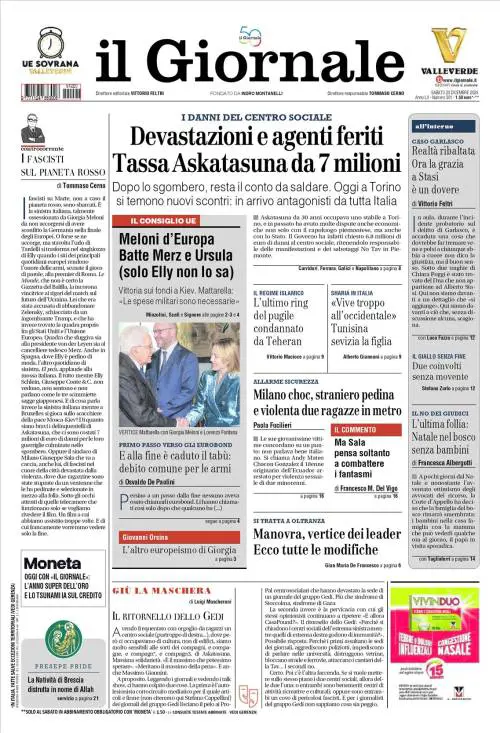 La prima pagina del Giornale: Askatasuna, Meloni leader in Europa e Garlasco