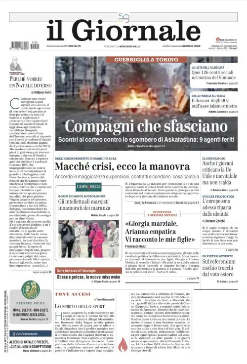 La prima pagina del Giornale: la guerriglia di Askatasuna, la manovra e l’intervista alla mamma delle Meloni