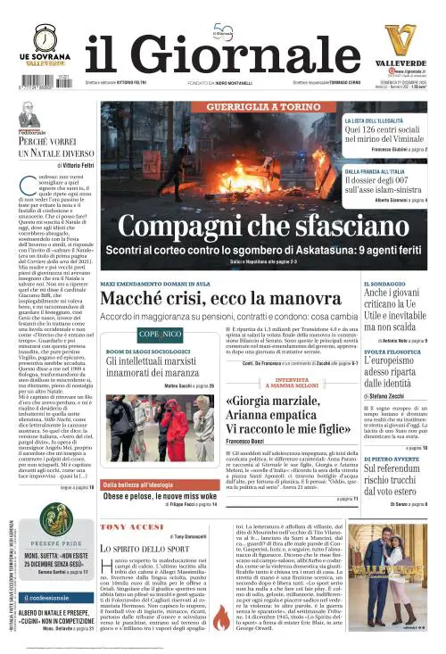 La prima pagina del Giornale: i violenti di Askatasuna, l'accordo sulla manovra e l'intervista alla madre di Meloni