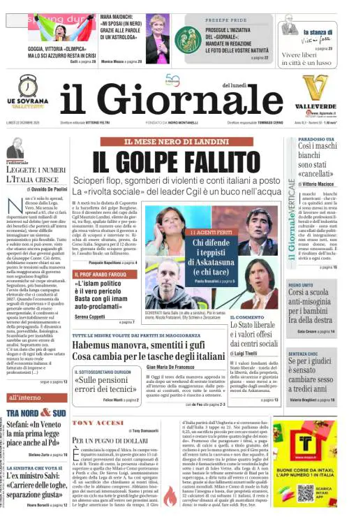 La prima pagina del Giornale: dicembre mese nero per Landini, la manovra e i difensori di Askatasuna