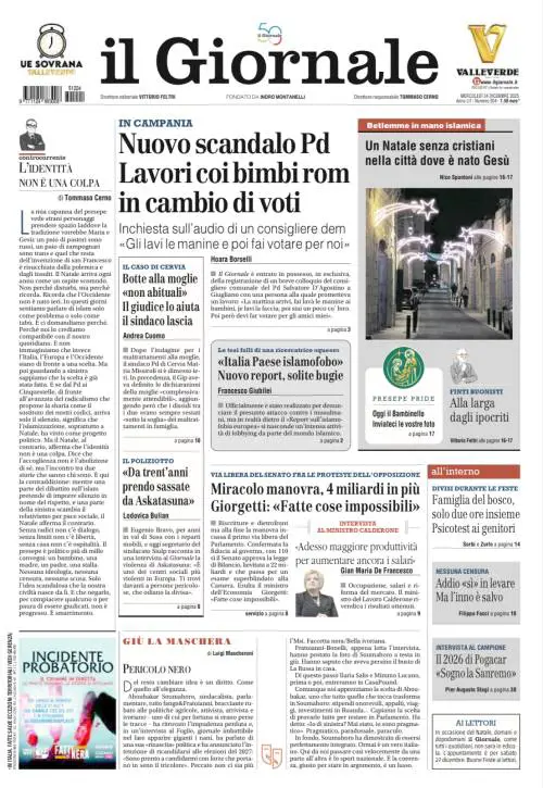 La prima pagina del Giornale: gli accordi con i rom in cambio di voti per il Pd in Campania, la manovra e il reportage contro l’Italia
