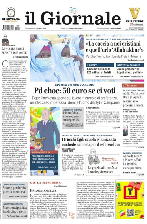 La prima pagina del Giornale: soldi in cambio di voti per il Pd, l’attacco Usa in Nigeria e Putin cartone animato