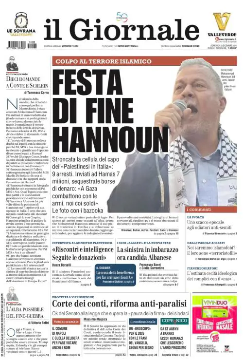 La prima pagina del Giornale: l’arresto di Hannoun, l’intervista al ministro Piantedosi e Zelensky a Mar-a-Lago