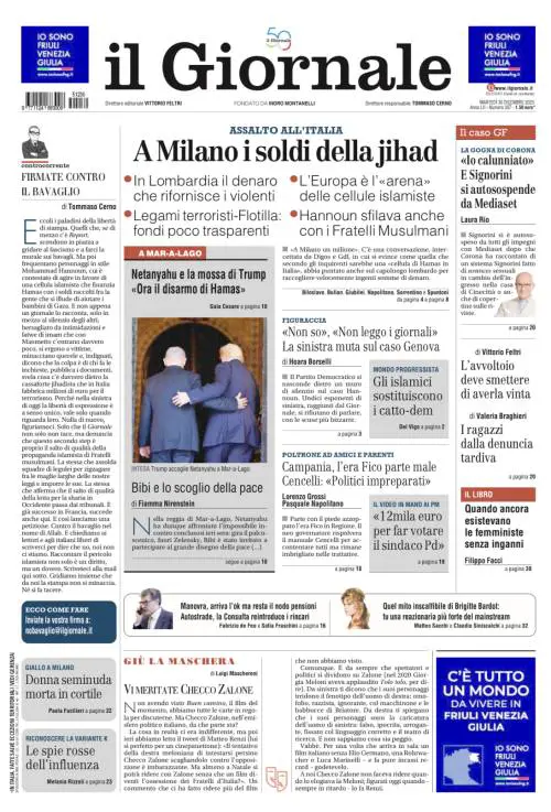 La prima pagina del Giornale: i soldi della jihad a Milano, il tentativo di bavaglio ai giornali, il caso Signorini